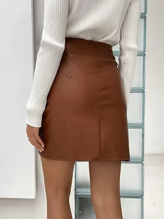 2023 High Waist Pu Leather Women's Elegant Mini Skirt Bodycon A-Line