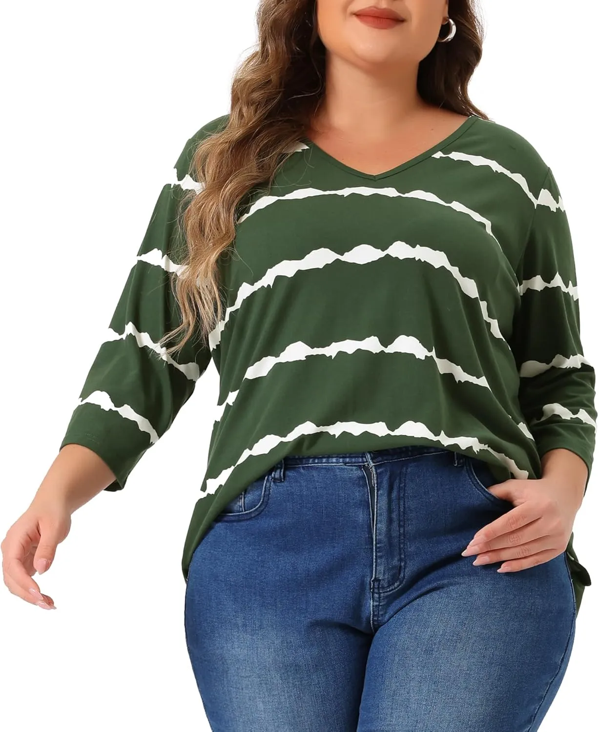 Agnes Orinda Plus Size T Shirt for Women V Neck 3/4 Sleeve Loose Casual Blouse Striped Tie Dye Print Tops