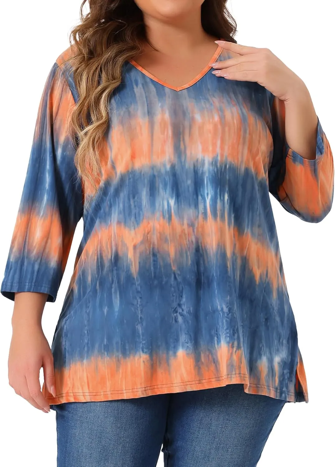 Agnes Orinda Plus Size T Shirt for Women V Neck 3/4 Sleeve Loose Casual Blouse Striped Tie Dye Print Tops