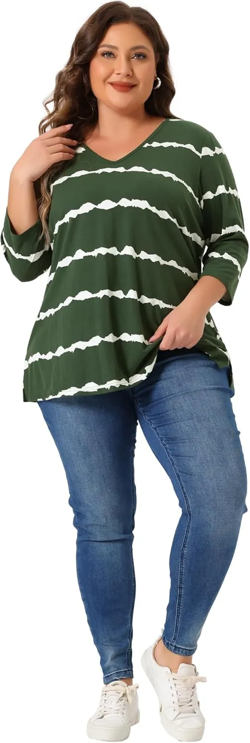 Agnes Orinda Plus Size T Shirt for Women V Neck 3/4 Sleeve Loose Casual Blouse Striped Tie Dye Print Tops