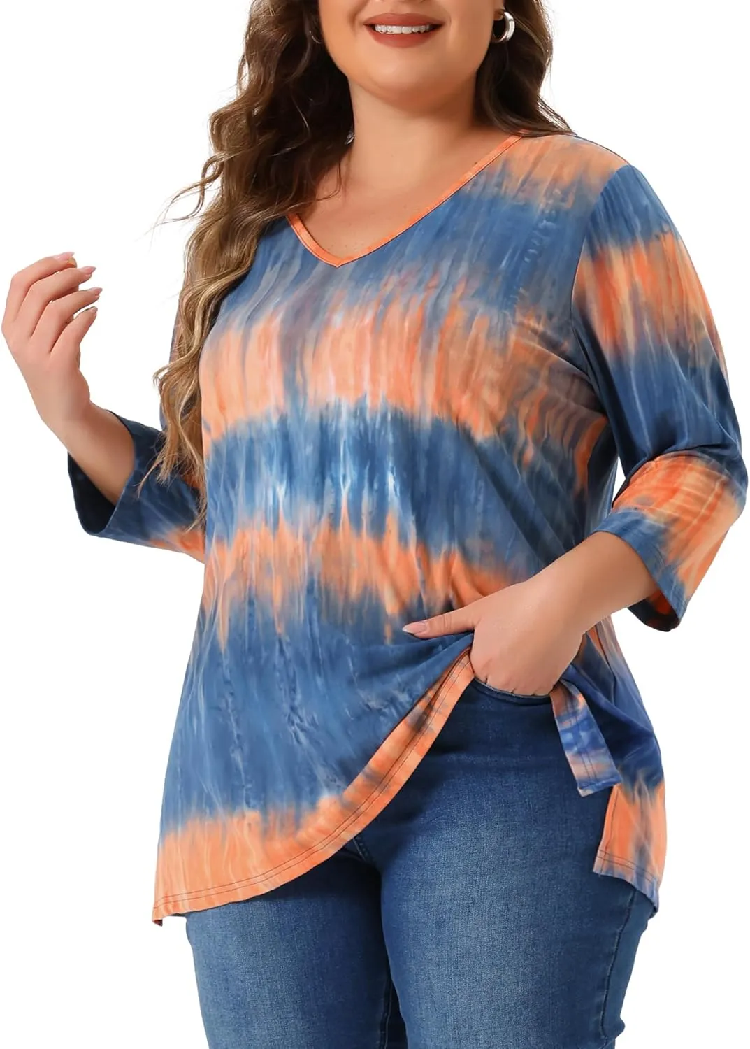 Agnes Orinda Plus Size T Shirt for Women V Neck 3/4 Sleeve Loose Casual Blouse Striped Tie Dye Print Tops
