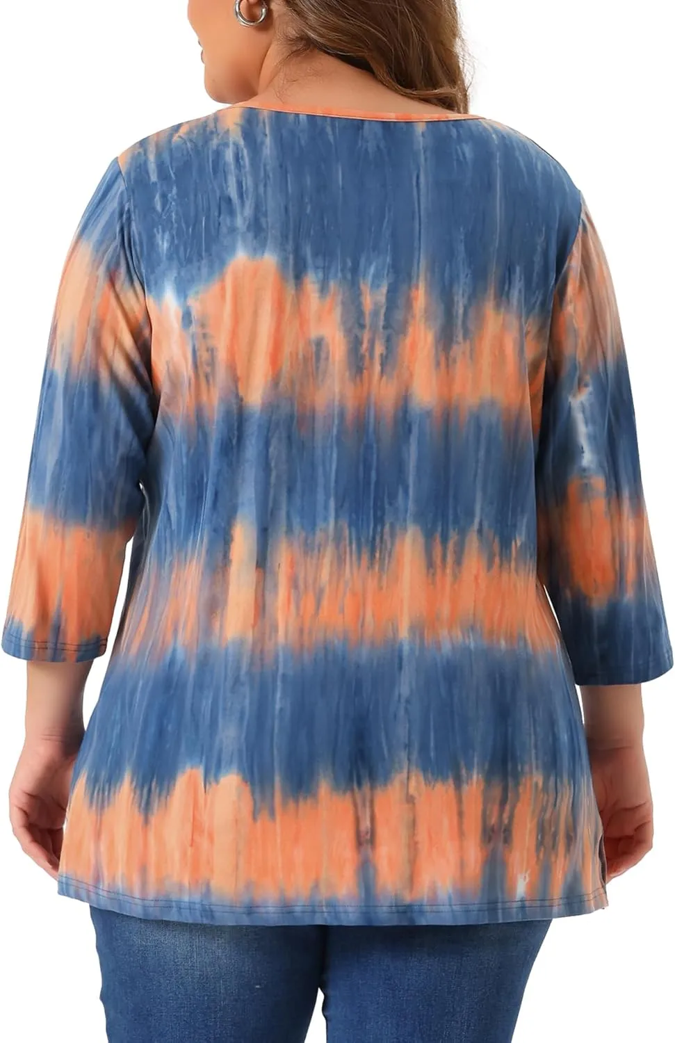 Agnes Orinda Plus Size T Shirt for Women V Neck 3/4 Sleeve Loose Casual Blouse Striped Tie Dye Print Tops