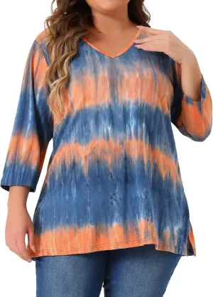 Agnes Orinda Plus Size T Shirt for Women V Neck 3/4 Sleeve Loose Casual Blouse Striped Tie Dye Print Tops
