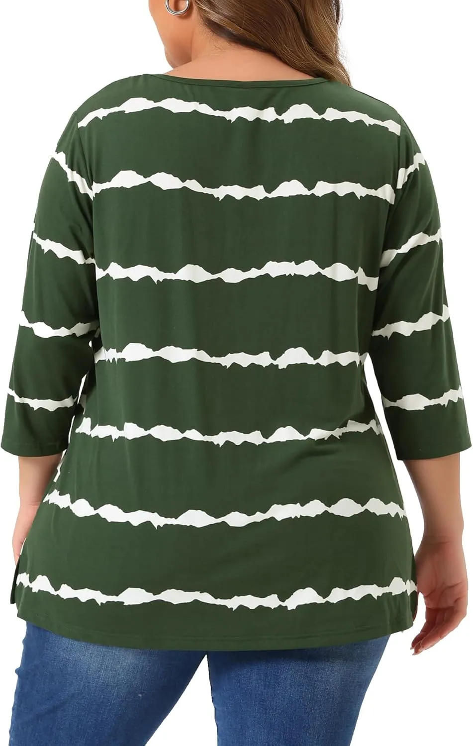 Agnes Orinda Plus Size T Shirt for Women V Neck 3/4 Sleeve Loose Casual Blouse Striped Tie Dye Print Tops
