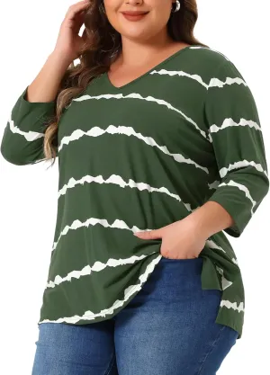 Agnes Orinda Plus Size T Shirt for Women V Neck 3/4 Sleeve Loose Casual Blouse Striped Tie Dye Print Tops