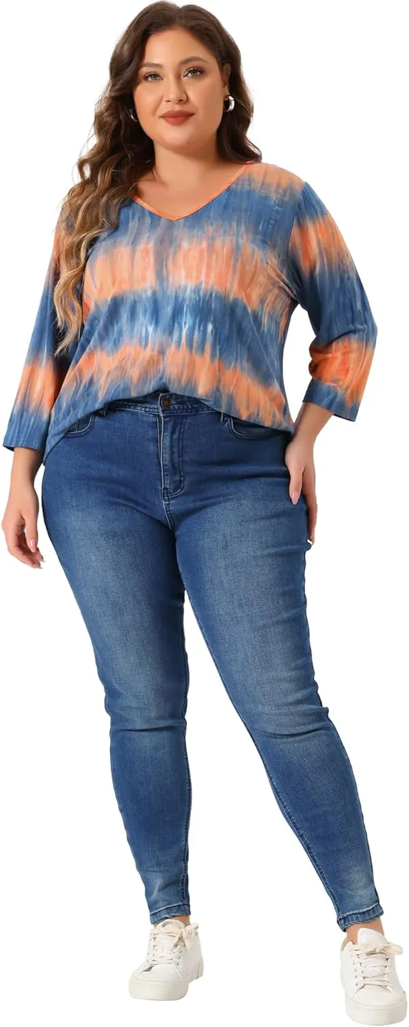 Agnes Orinda Plus Size T Shirt for Women V Neck 3/4 Sleeve Loose Casual Blouse Striped Tie Dye Print Tops