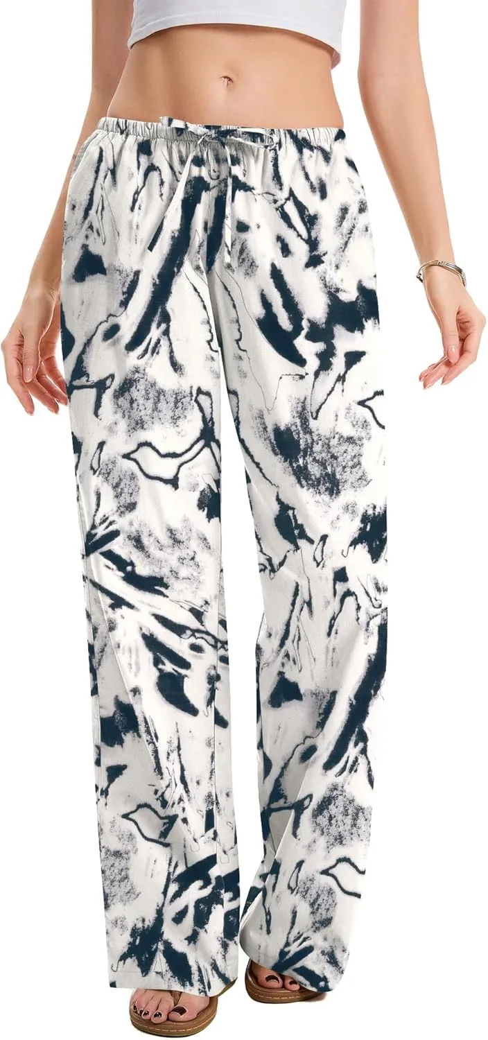 AKEWEI Women Cotton Linen Summer Palazzo Pants Drawstring Waist Wide Leg Lightweight Beach Trousers with Pockets