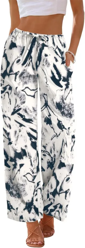 AKEWEI Women Cotton Linen Summer Palazzo Pants Drawstring Waist Wide Leg Lightweight Beach Trousers with Pockets