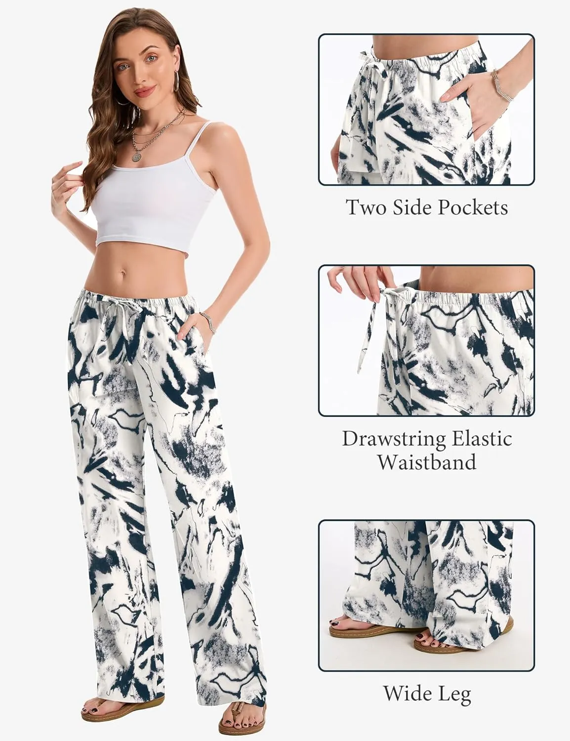 AKEWEI Women Cotton Linen Summer Palazzo Pants Drawstring Waist Wide Leg Lightweight Beach Trousers with Pockets