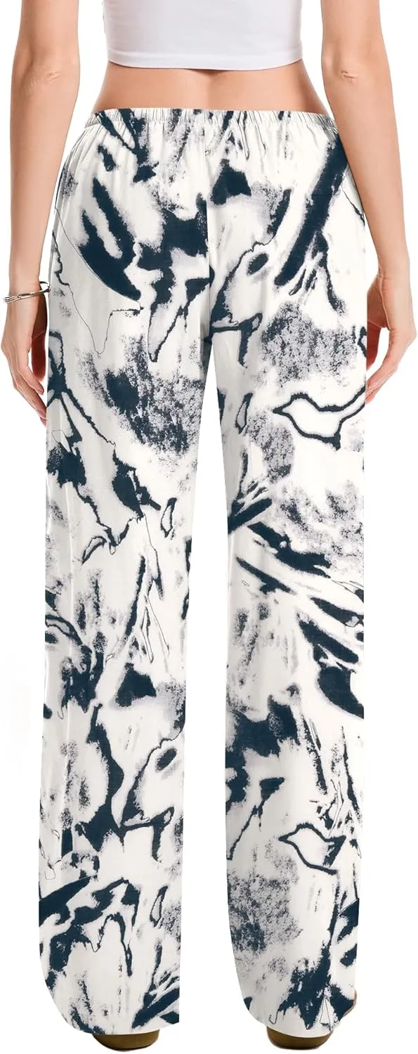 AKEWEI Women Cotton Linen Summer Palazzo Pants Drawstring Waist Wide Leg Lightweight Beach Trousers with Pockets