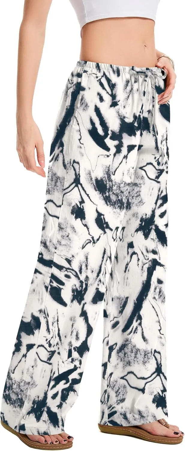 AKEWEI Women Cotton Linen Summer Palazzo Pants Drawstring Waist Wide Leg Lightweight Beach Trousers with Pockets
