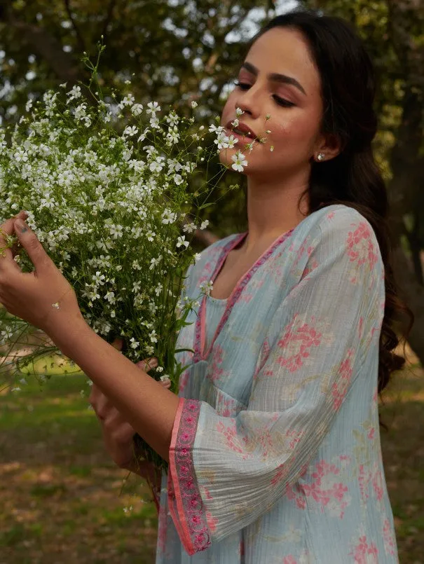 Aparajita - Blue Cotton Silk Floral Flowy Dress