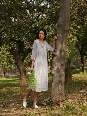 Aparajita - Blue Cotton Silk Floral Flowy Dress