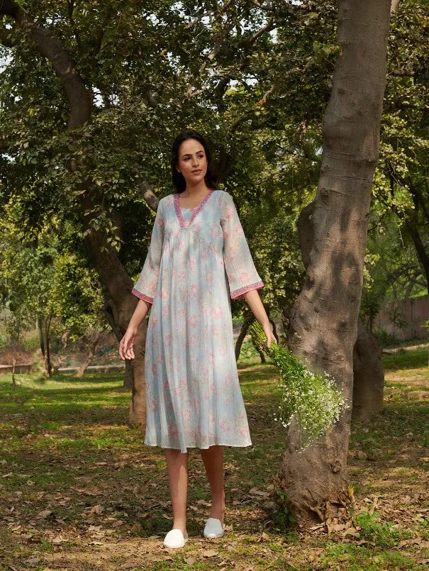 Aparajita - Blue Cotton Silk Floral Flowy Dress