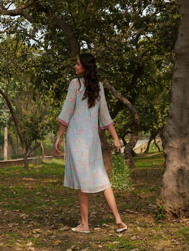 Aparajita - Blue Cotton Silk Floral Flowy Dress