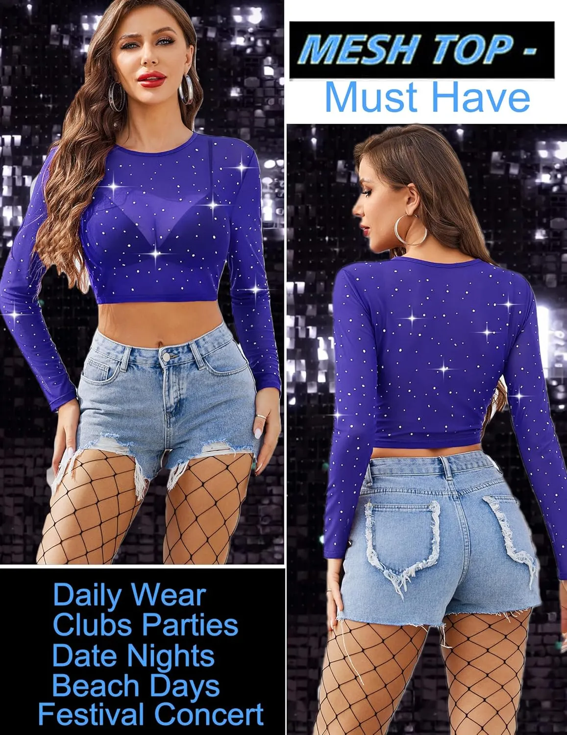Avidlove Womens Sparkly Rhinestone Mesh Top Long Sleeve Sheer Shirt Crewneck Glitter Tops See Through Crop Top