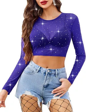 Avidlove Womens Sparkly Rhinestone Mesh Top Long Sleeve Sheer Shirt Crewneck Glitter Tops See Through Crop Top