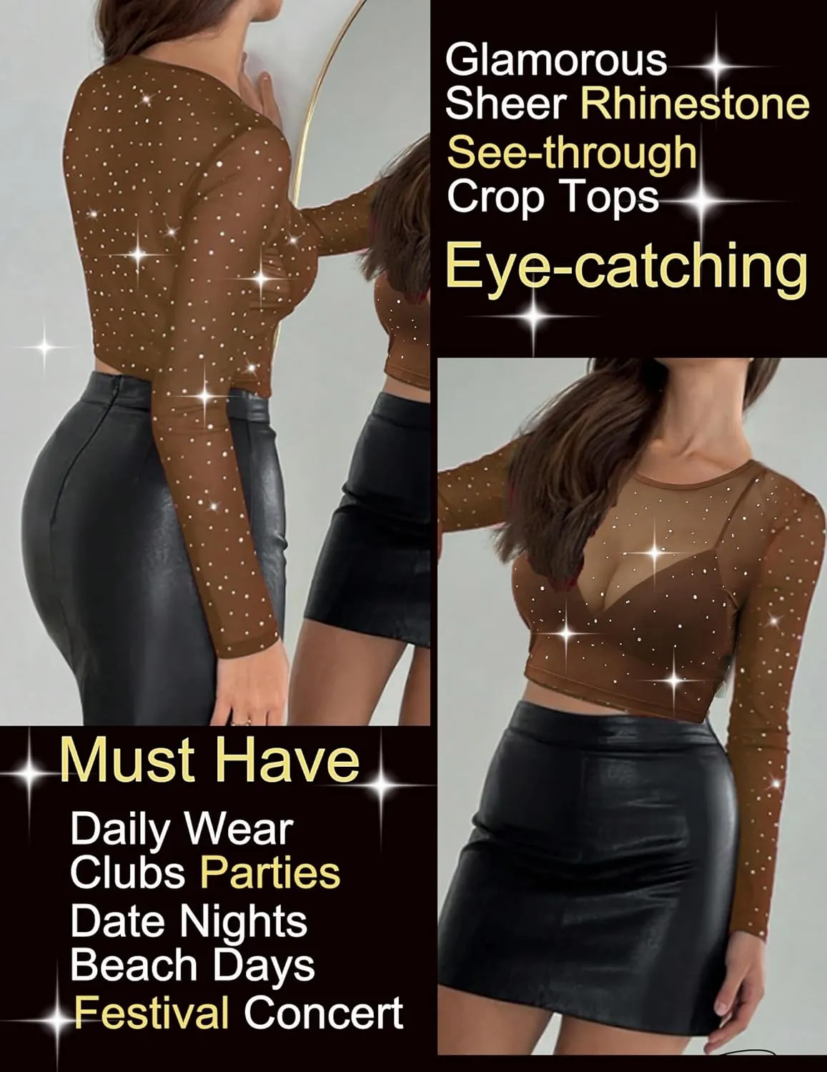 Avidlove Womens Sparkly Rhinestone Mesh Top Long Sleeve Sheer Shirt Crewneck Glitter Tops See Through Crop Top