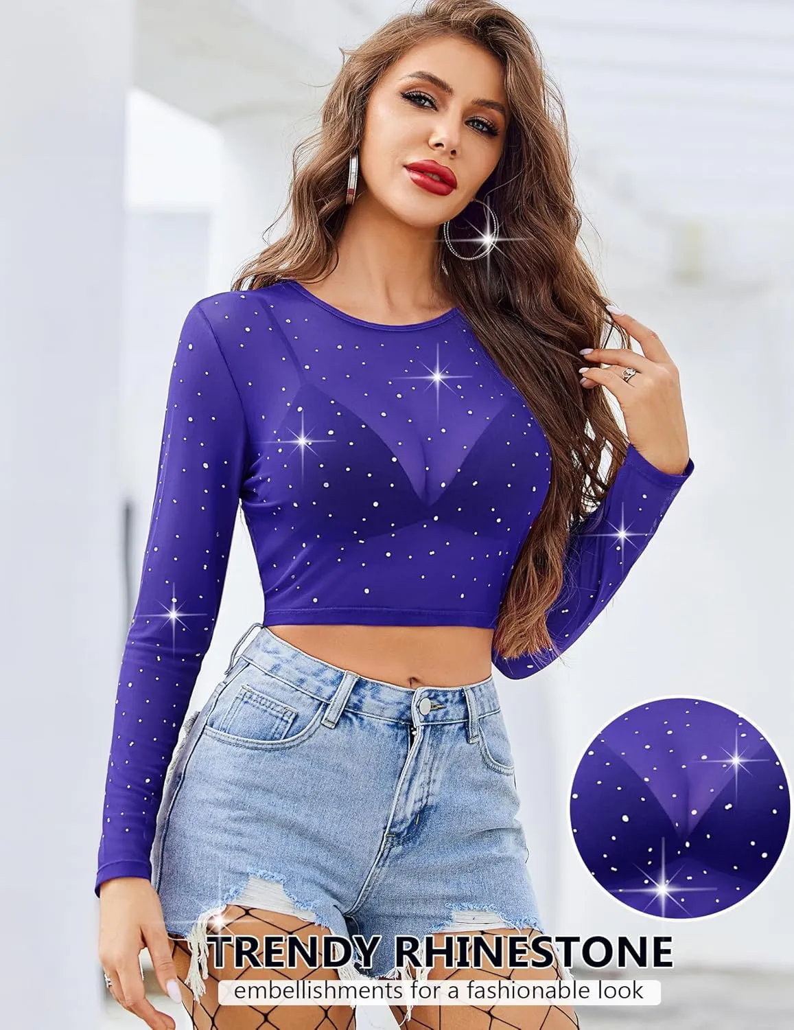 Avidlove Womens Sparkly Rhinestone Mesh Top Long Sleeve Sheer Shirt Crewneck Glitter Tops See Through Crop Top