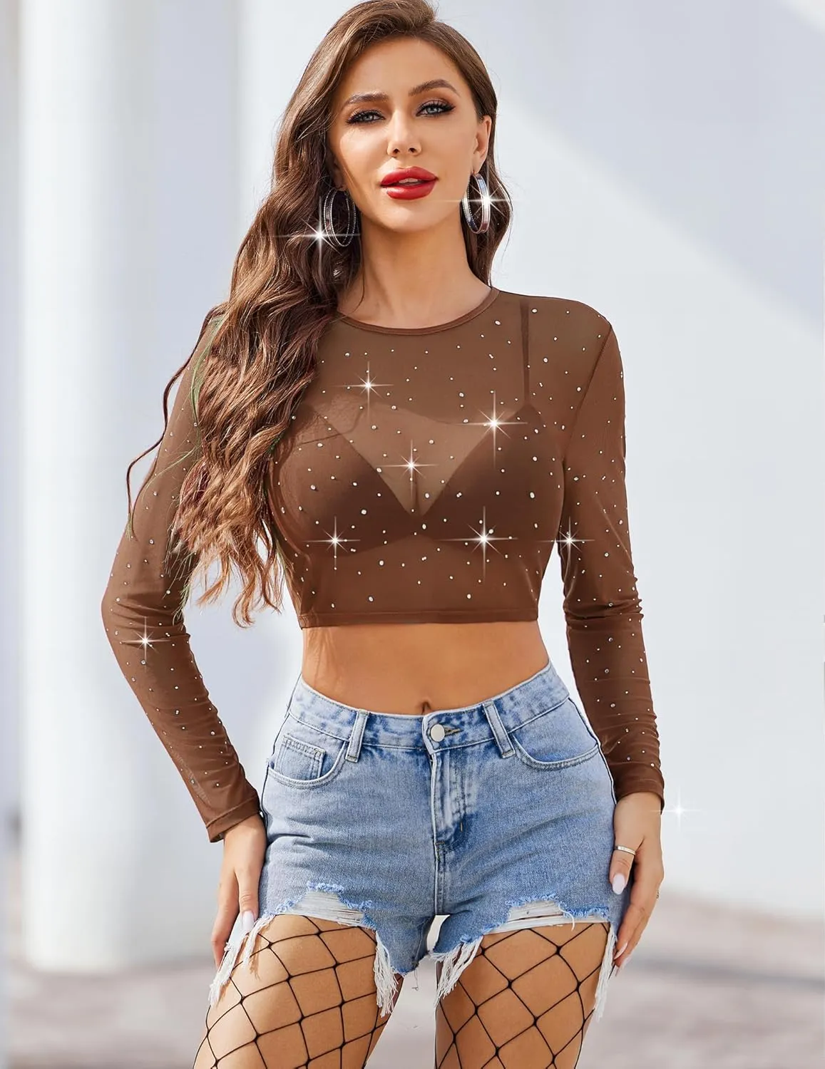 Avidlove Womens Sparkly Rhinestone Mesh Top Long Sleeve Sheer Shirt Crewneck Glitter Tops See Through Crop Top