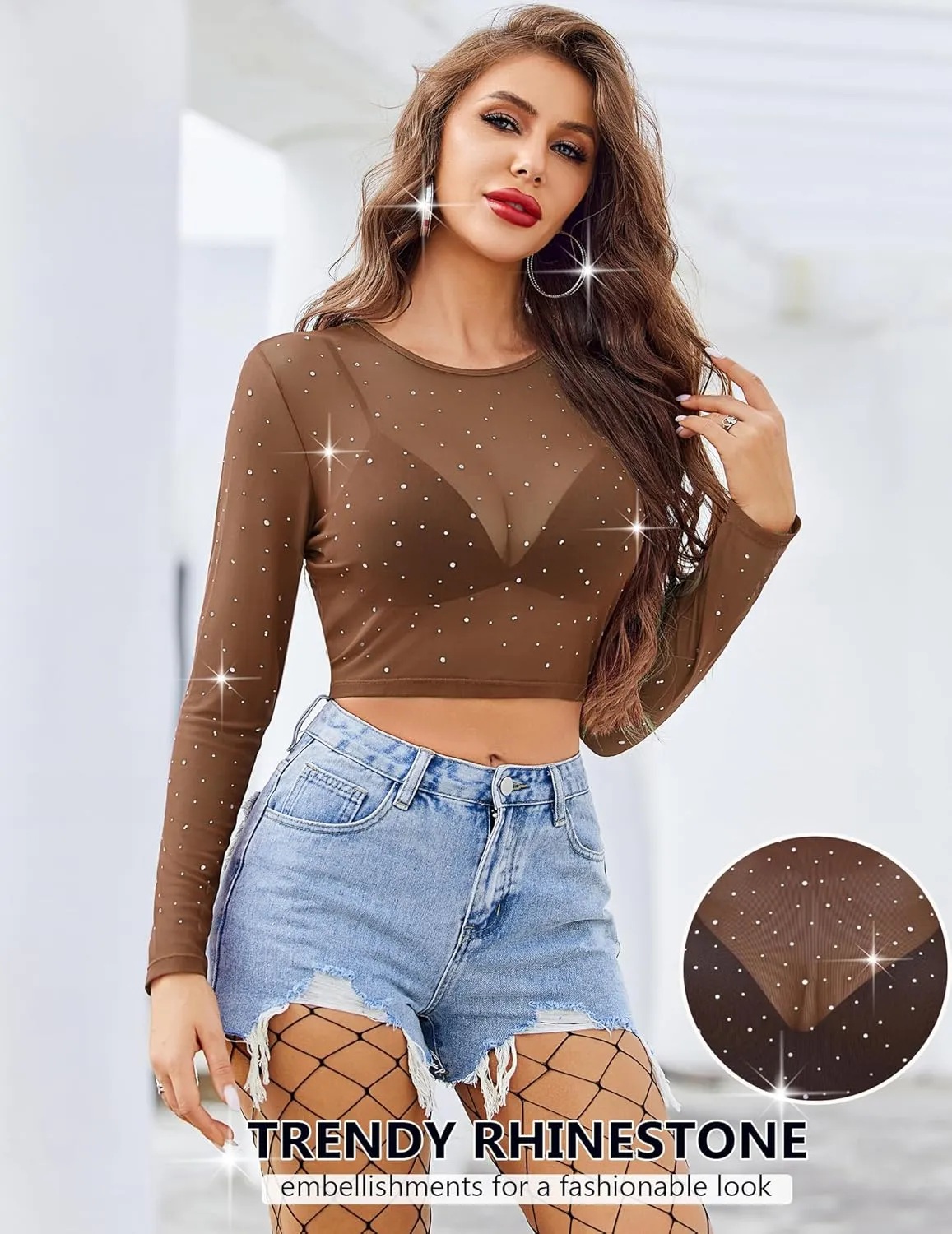 Avidlove Womens Sparkly Rhinestone Mesh Top Long Sleeve Sheer Shirt Crewneck Glitter Tops See Through Crop Top