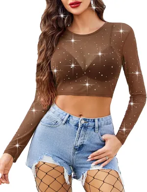 Avidlove Womens Sparkly Rhinestone Mesh Top Long Sleeve Sheer Shirt Crewneck Glitter Tops See Through Crop Top