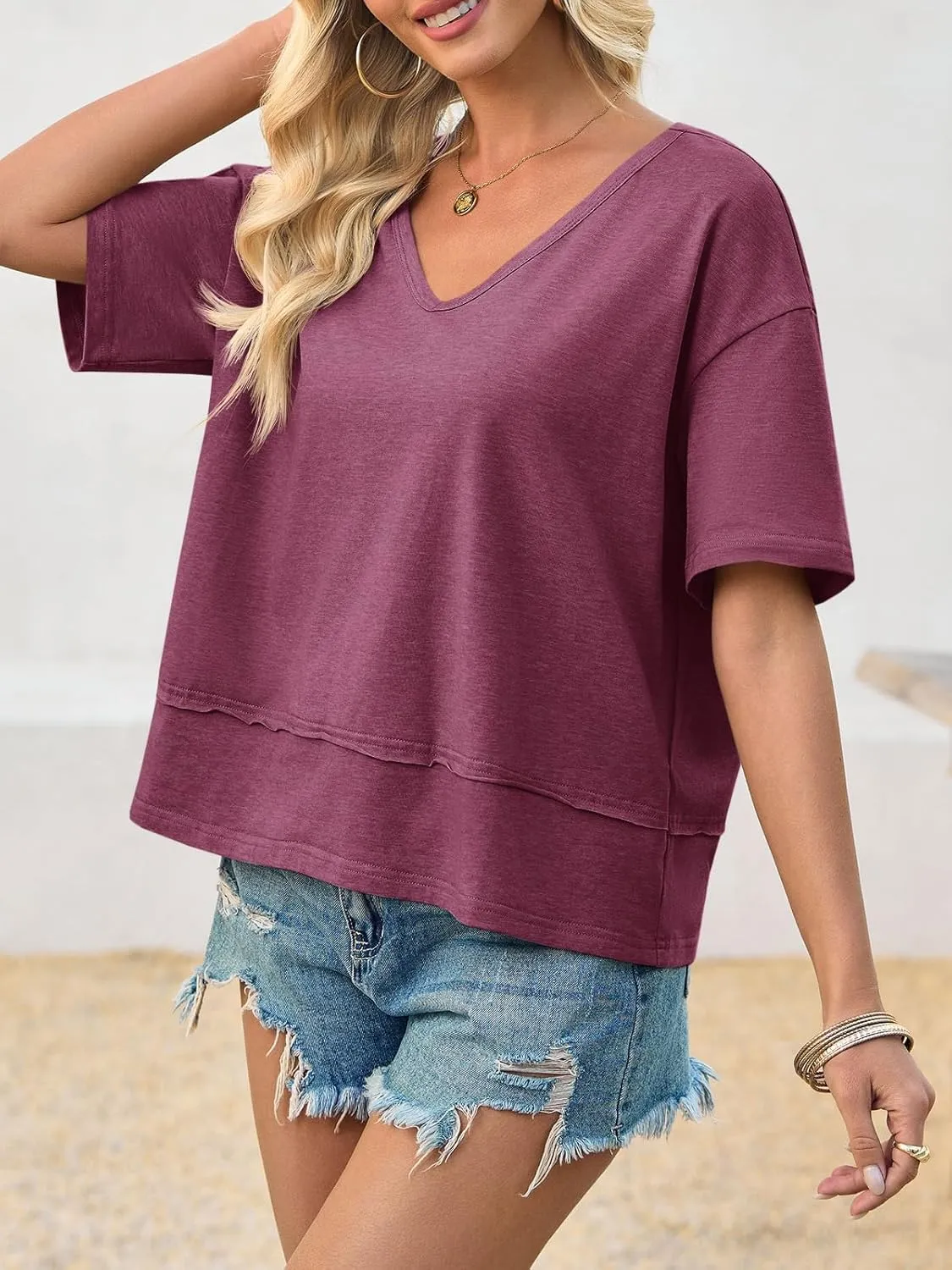 Cicy Bell Womens Summer V Neck T Shirts Casual Short Sleeve Flowy Tops Cute Loose Fit Basic Tees
