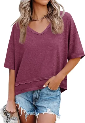 Cicy Bell Womens Summer V Neck T Shirts Casual Short Sleeve Flowy Tops Cute Loose Fit Basic Tees