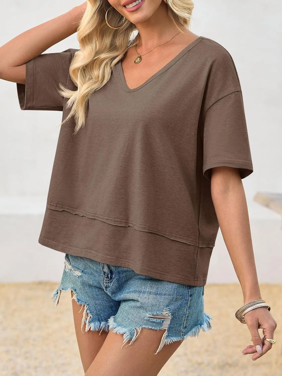 Cicy Bell Womens Summer V Neck T Shirts Casual Short Sleeve Flowy Tops Cute Loose Fit Basic Tees