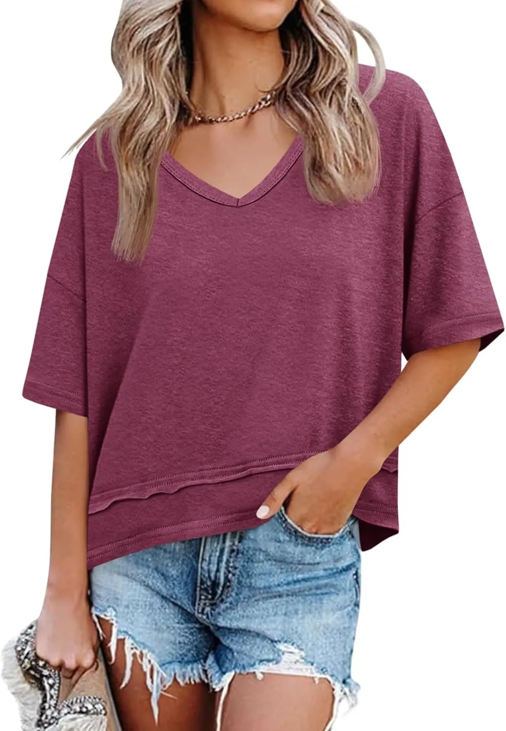 Cicy Bell Womens Summer V Neck T Shirts Casual Short Sleeve Flowy Tops Cute Loose Fit Basic Tees