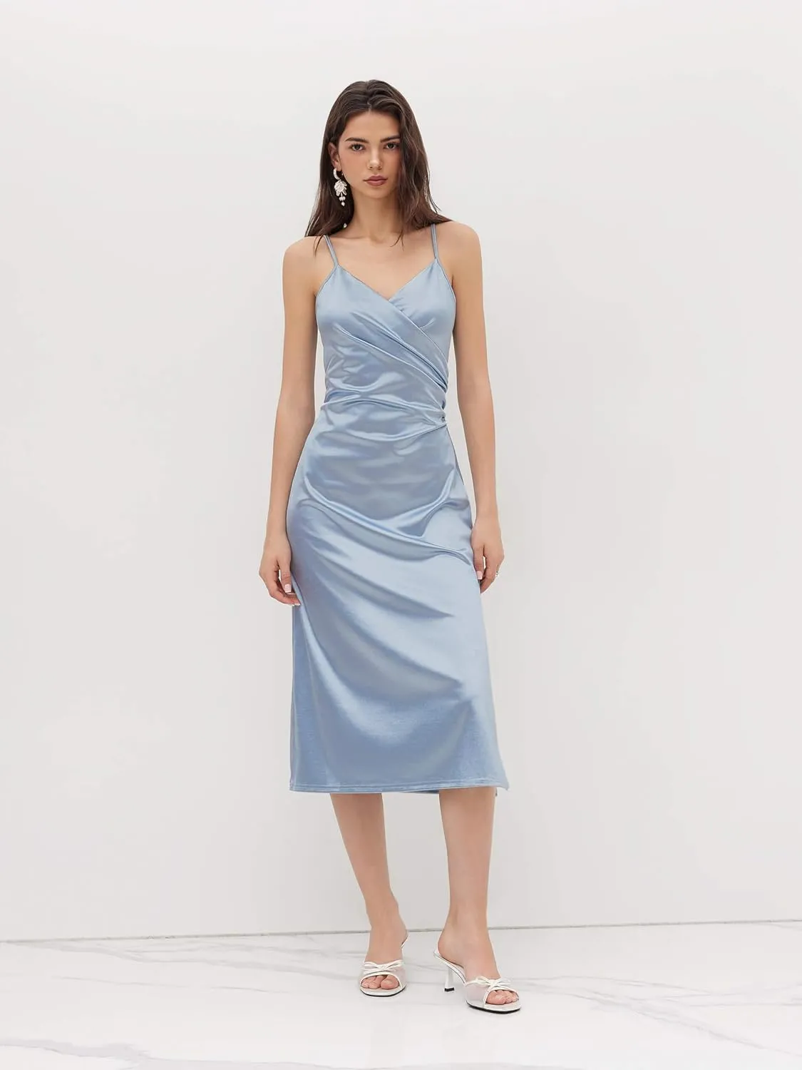 CIDER Womens Satin Dress Sleeveless Spaghetti Strap V Neck Ruched Side Slit Semi Formal Party Club Dresses