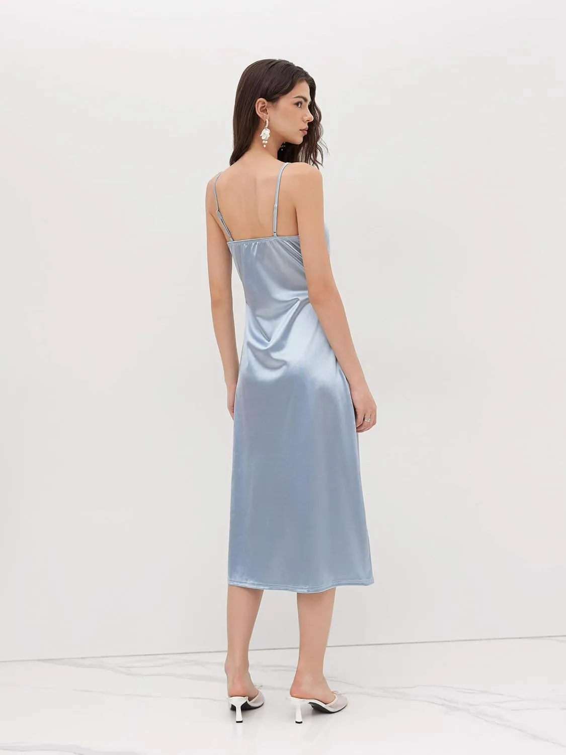 CIDER Womens Satin Dress Sleeveless Spaghetti Strap V Neck Ruched Side Slit Semi Formal Party Club Dresses