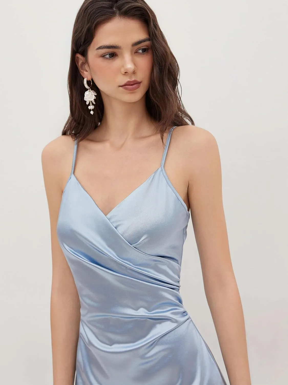 CIDER Womens Satin Dress Sleeveless Spaghetti Strap V Neck Ruched Side Slit Semi Formal Party Club Dresses