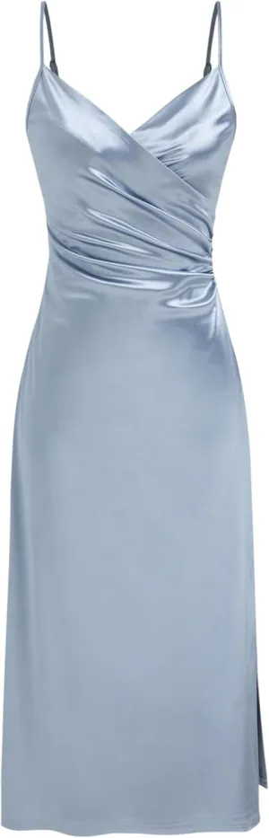 CIDER Womens Satin Dress Sleeveless Spaghetti Strap V Neck Ruched Side Slit Semi Formal Party Club Dresses