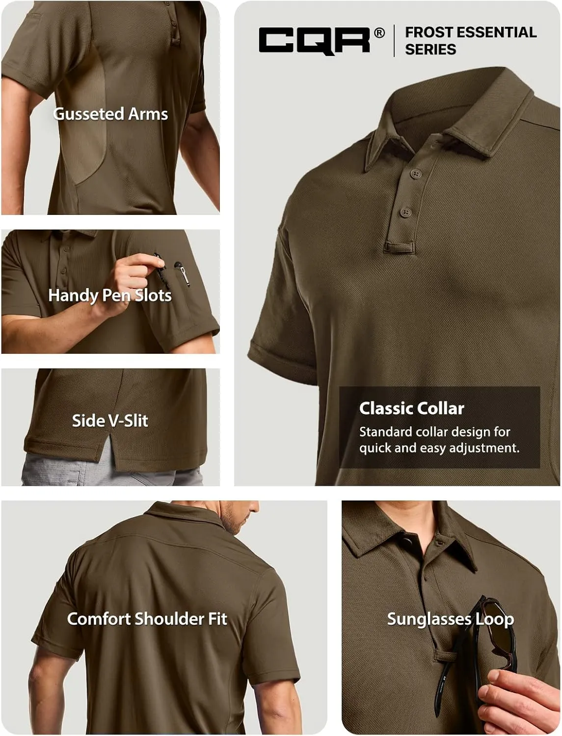 CQR Men's Polo Shirts, Tactical Short Sleeve Golf Performance Shirts, Lightweight Dry Fit UPF 50  Pique