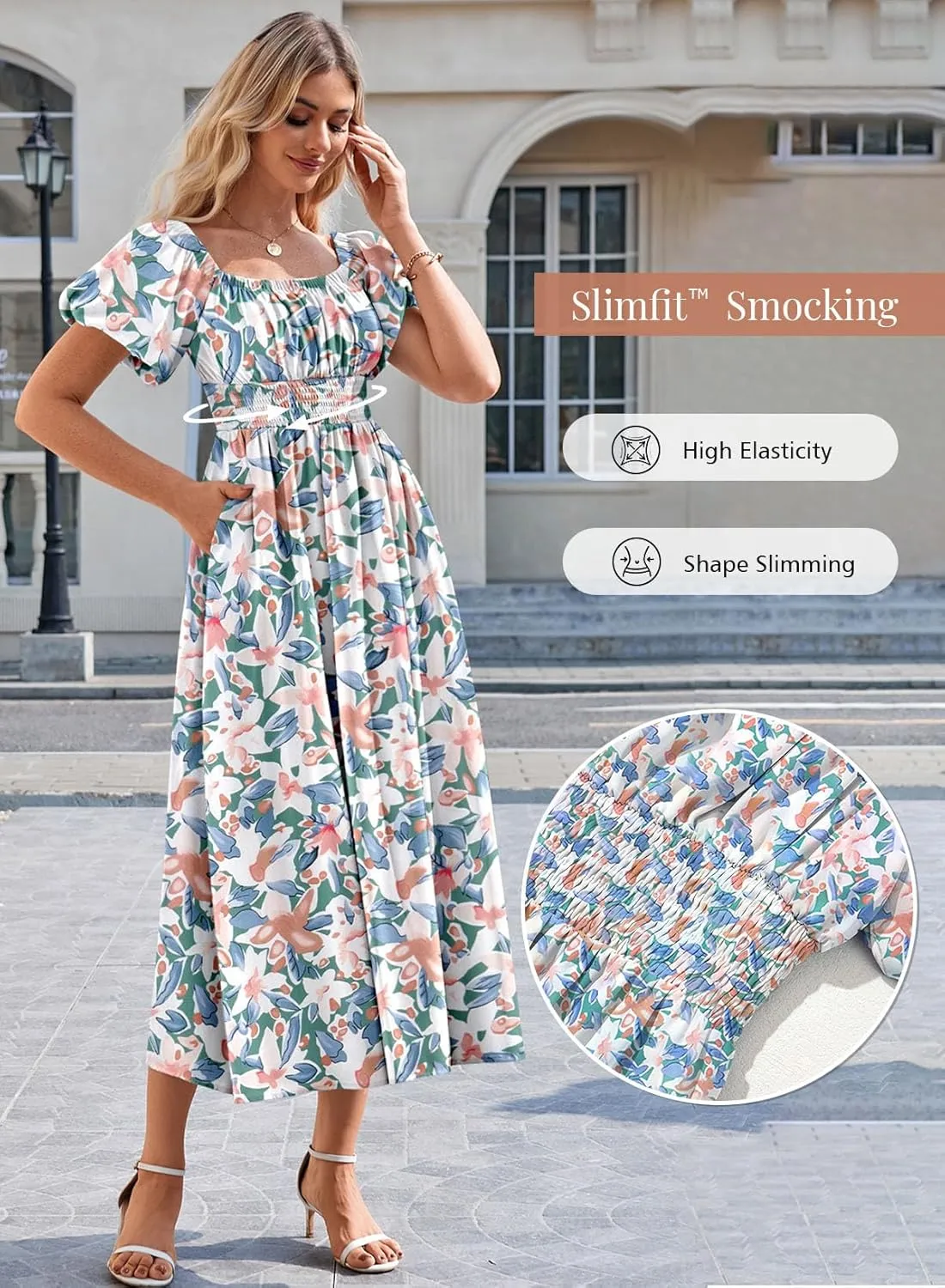 Duigluw Women's Casual Summer Midi Dresses 2025 Puffy Short Sleeve U Neck Boho Floral Flowy Maxi Dress