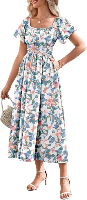 Duigluw Women's Casual Summer Midi Dresses 2025 Puffy Short Sleeve U Neck Boho Floral Flowy Maxi Dress