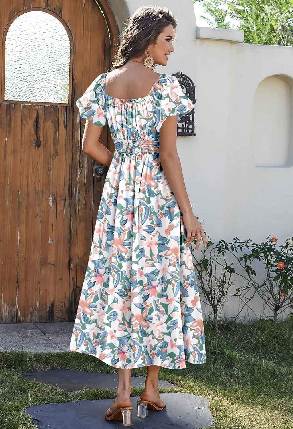 Duigluw Women's Casual Summer Midi Dresses 2025 Puffy Short Sleeve U Neck Boho Floral Flowy Maxi Dress