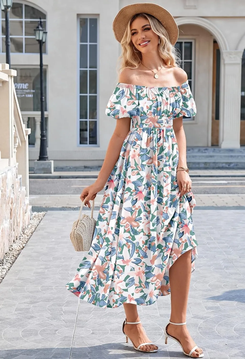 Duigluw Women's Casual Summer Midi Dresses 2025 Puffy Short Sleeve U Neck Boho Floral Flowy Maxi Dress