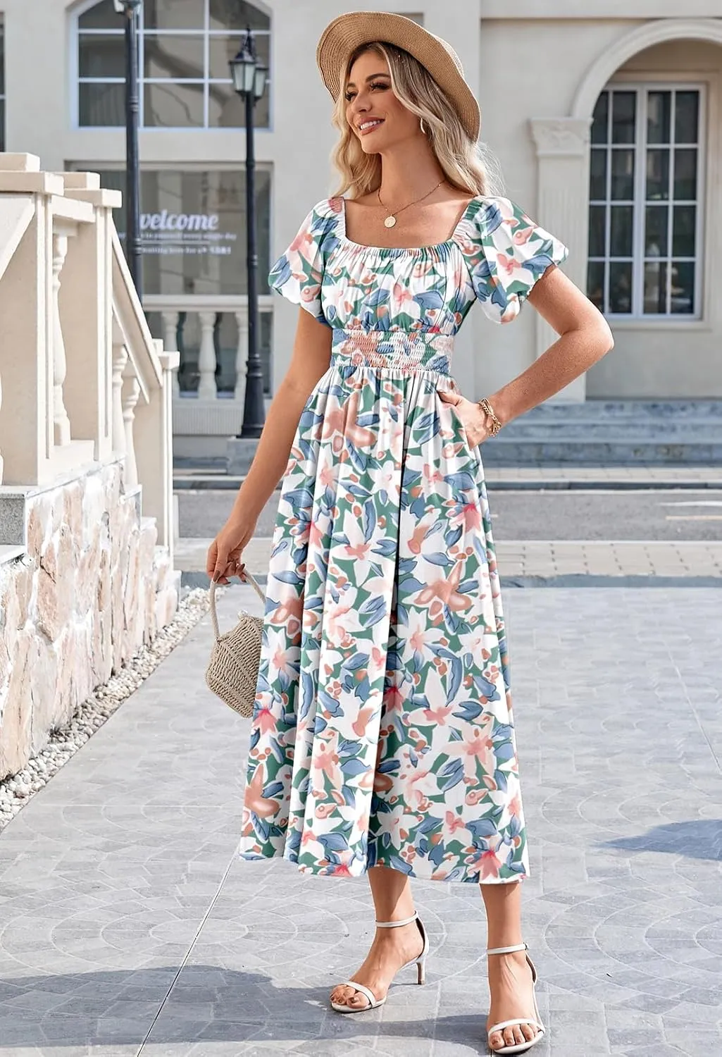 Duigluw Women's Casual Summer Midi Dresses 2025 Puffy Short Sleeve U Neck Boho Floral Flowy Maxi Dress