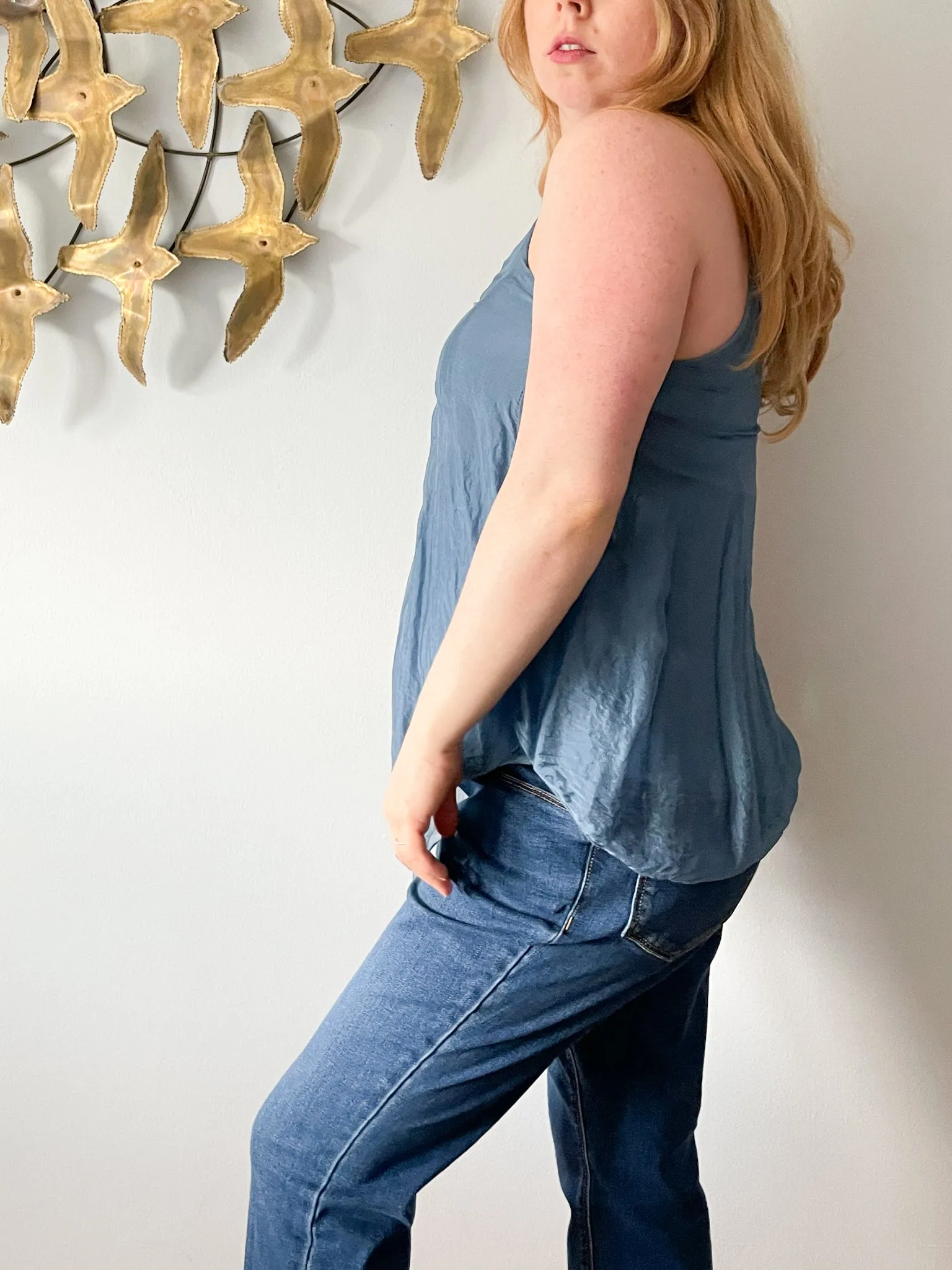 Dusty Blue Halter Silk Flowy Asymmetrical Top - Small