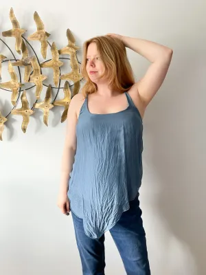 Dusty Blue Halter Silk Flowy Asymmetrical Top - Small