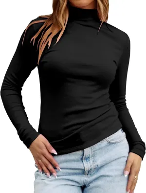 Dwnval Women's Fashion Mock Turtleneck Long Sleeve T Shirt Casual Stretchy Slim Fitted Knit Going Out Tops
