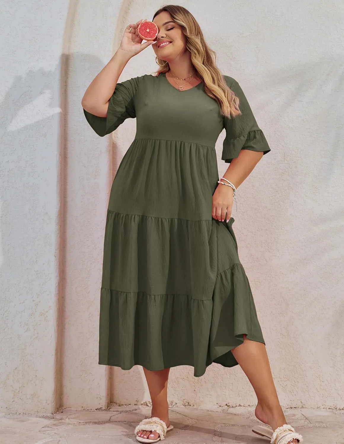 Hanna Nikole Women‘s Plus Size Smocked Maxi Dress Flowy A-Line Casual Summer Dress with Pockets