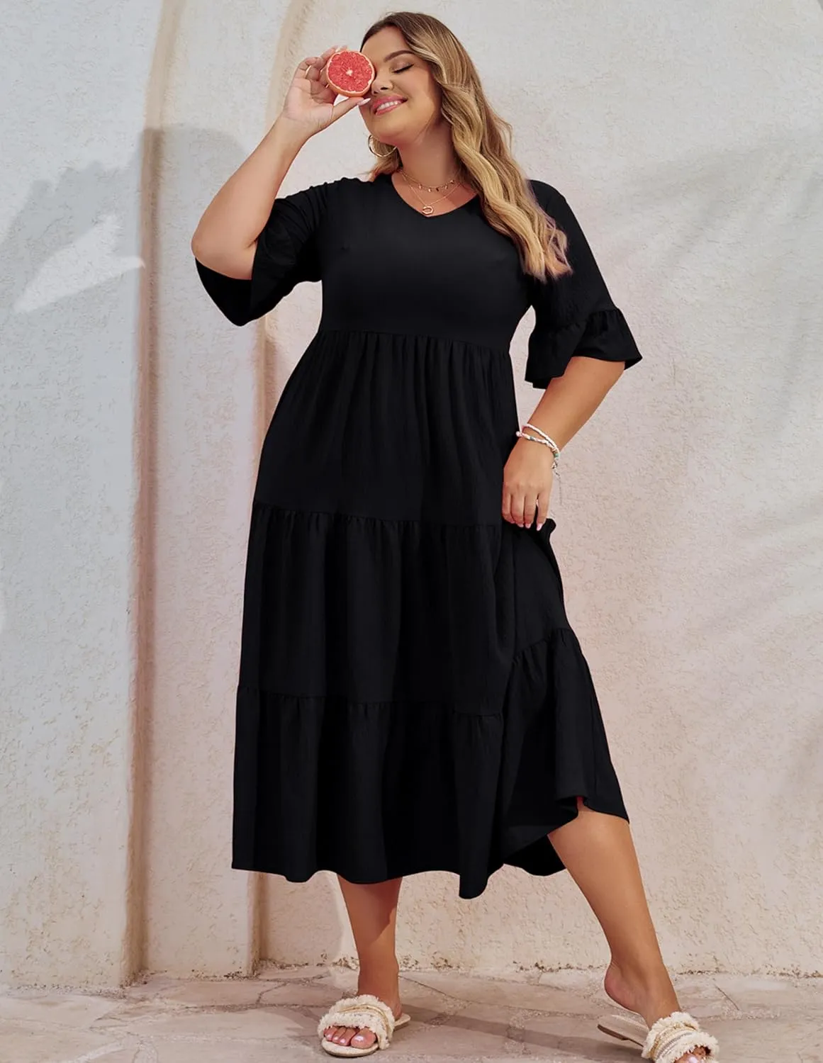 Hanna Nikole Women‘s Plus Size Smocked Maxi Dress Flowy A-Line Casual Summer Dress with Pockets