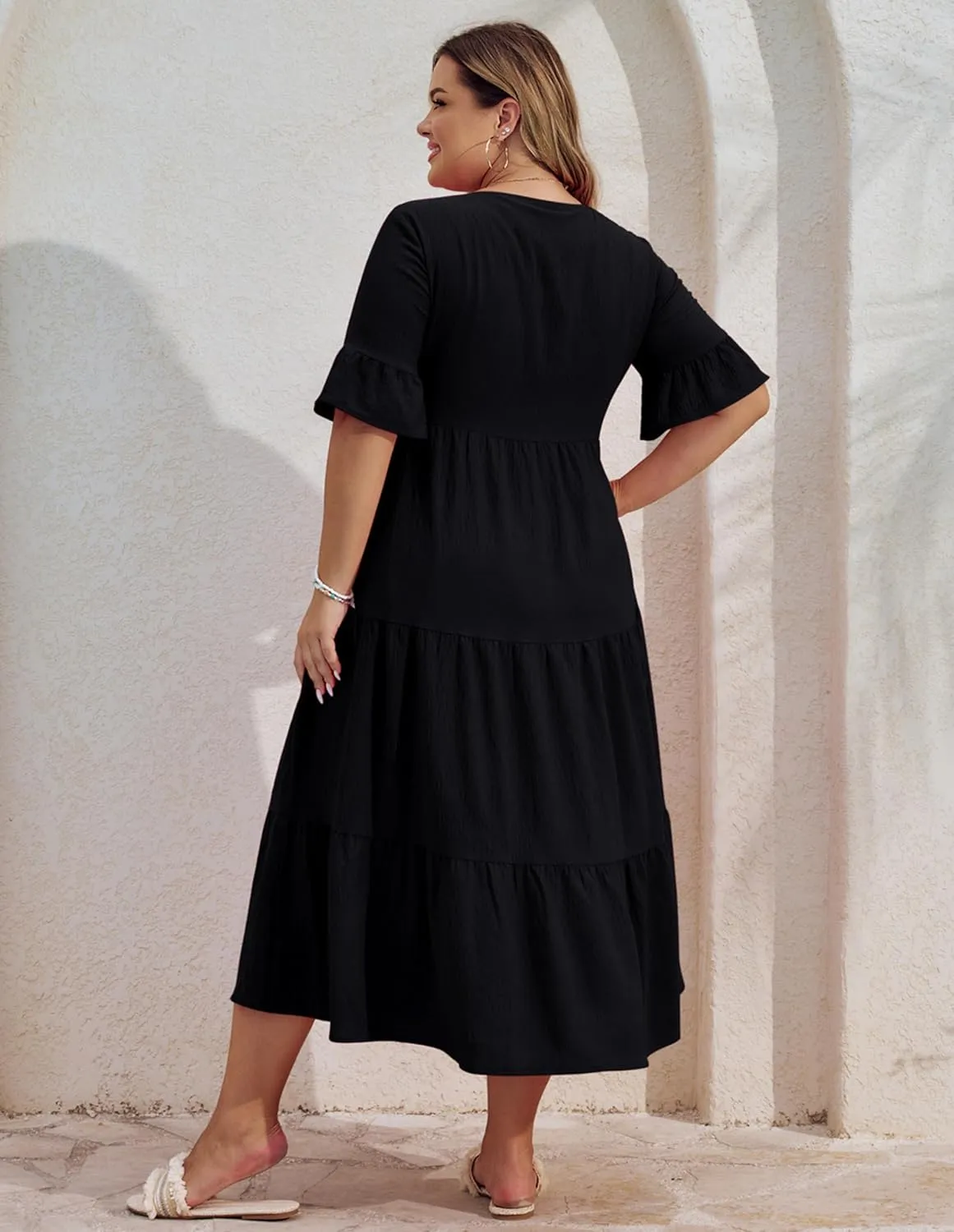 Hanna Nikole Women‘s Plus Size Smocked Maxi Dress Flowy A-Line Casual Summer Dress with Pockets
