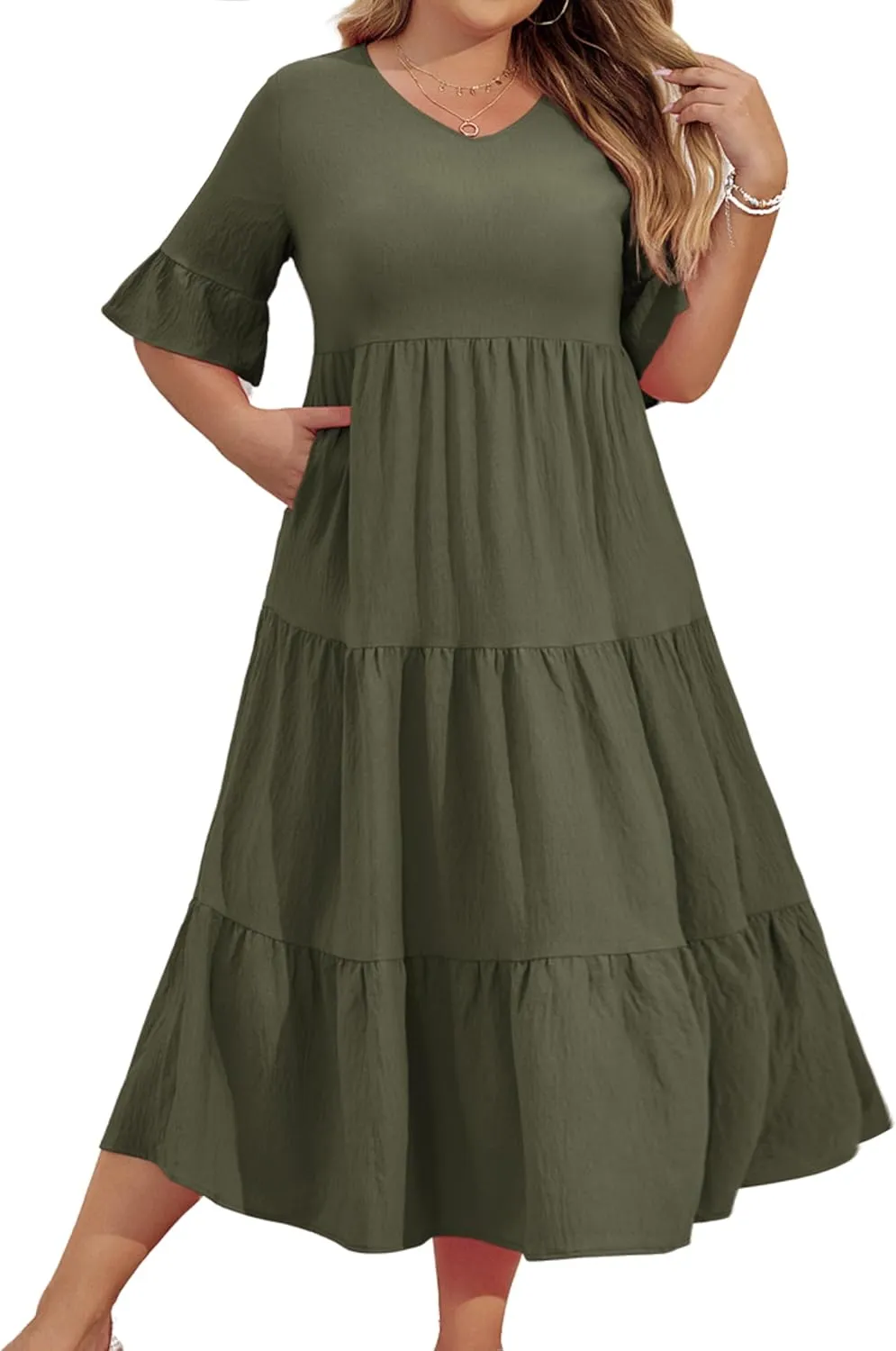 Hanna Nikole Women‘s Plus Size Smocked Maxi Dress Flowy A-Line Casual Summer Dress with Pockets