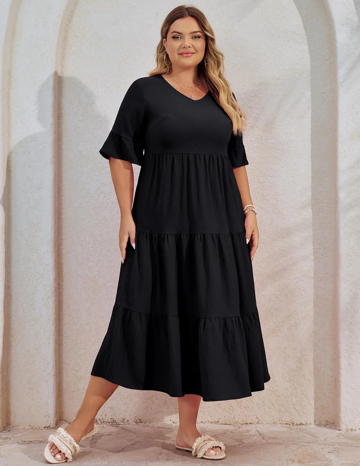Hanna Nikole Women‘s Plus Size Smocked Maxi Dress Flowy A-Line Casual Summer Dress with Pockets