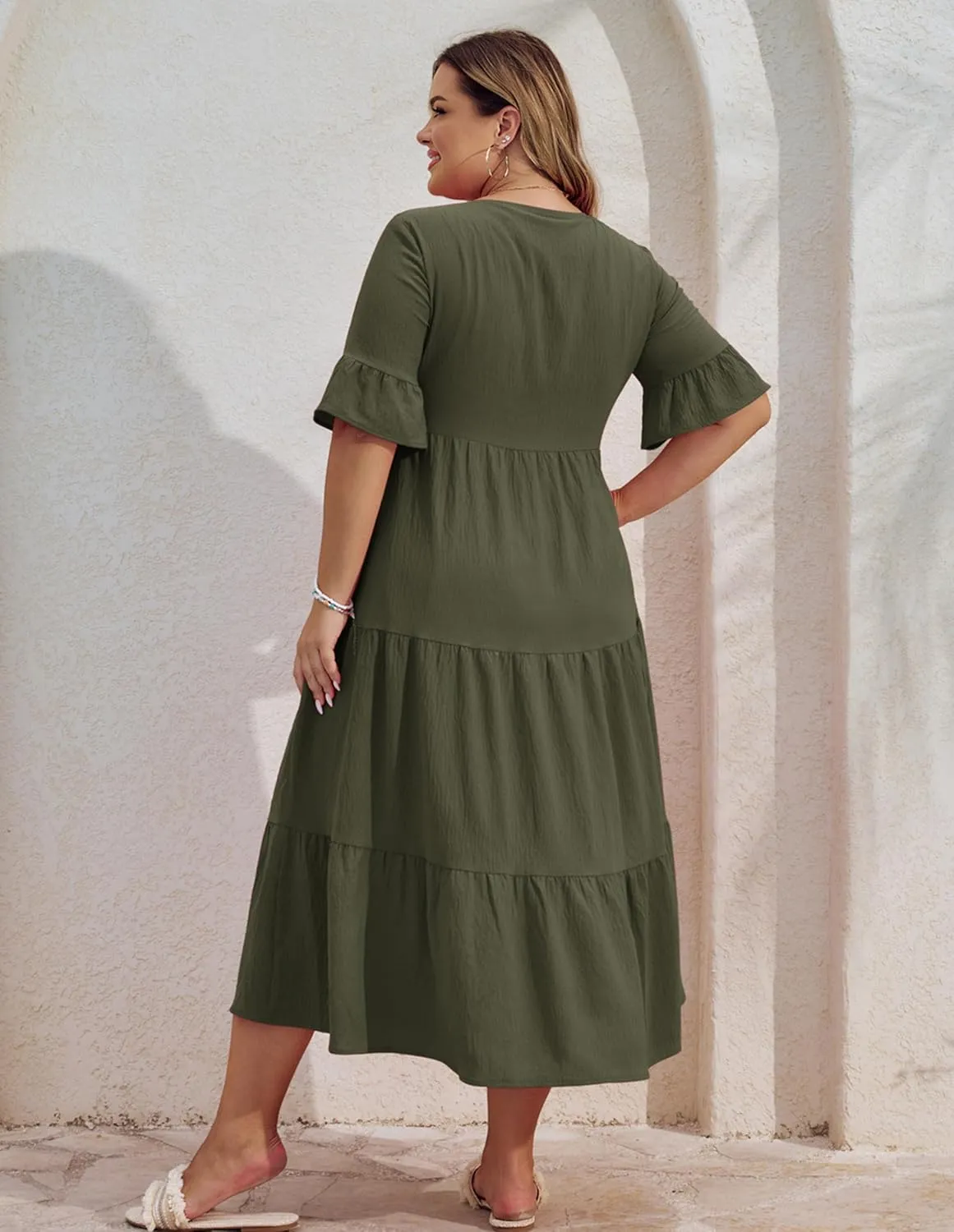 Hanna Nikole Women‘s Plus Size Smocked Maxi Dress Flowy A-Line Casual Summer Dress with Pockets