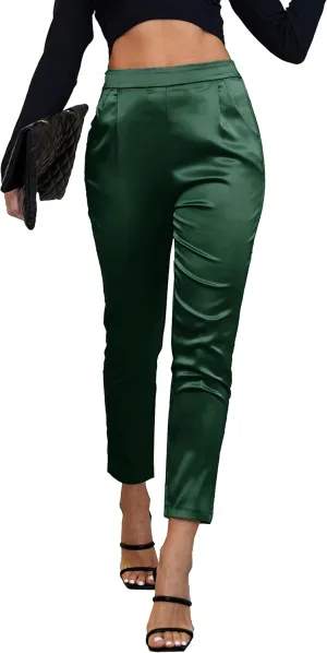 heipeiwa Women's Satin Pants Dress Casual Pleated Pull on High Waist Pants Baggy Front Tapered Trouser